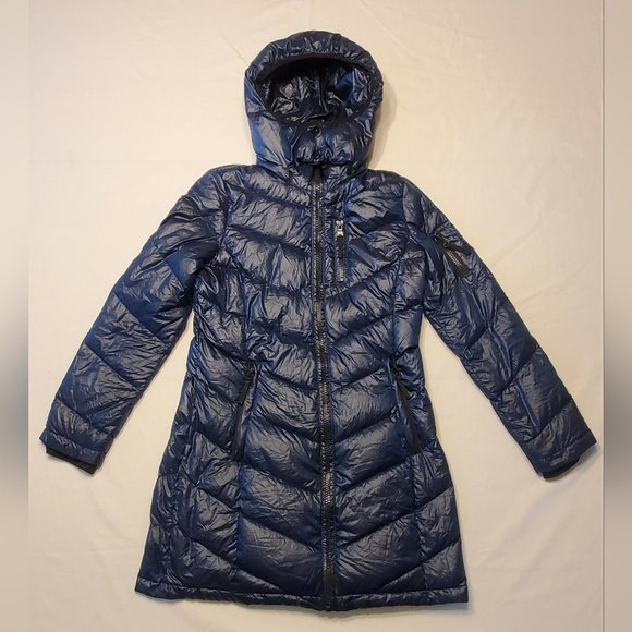 Andrew Marc Premium Down Puffer Jacket Womens Sz S Packable Quilted Navy  Hooded - Picture 1 of 13